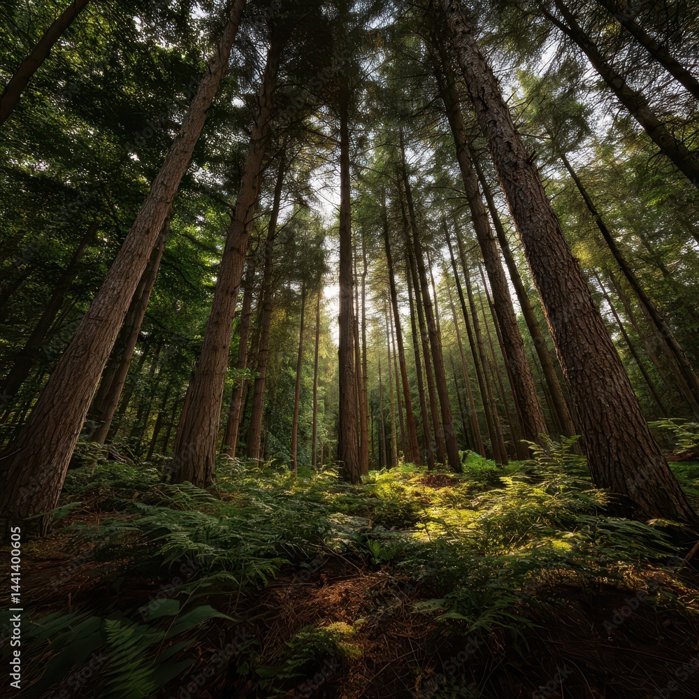 Poster sunlight filtering through tall trees in a dense forest.