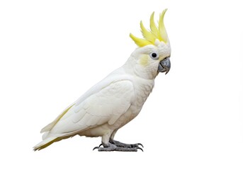 A sulphur crested cockatoo standing on a white background with its crest raised and looking to the right