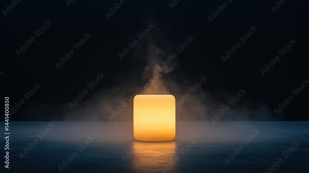 Aufkleber a glowing cube emits a warm light and mist in a dark, minimalistic environment, creating a mysteriou