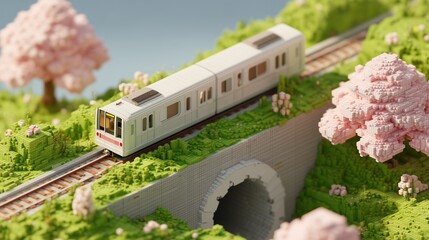 A world expressed in miniature. A miniature landscape. A train passing through cherry blossoms. AI generated.