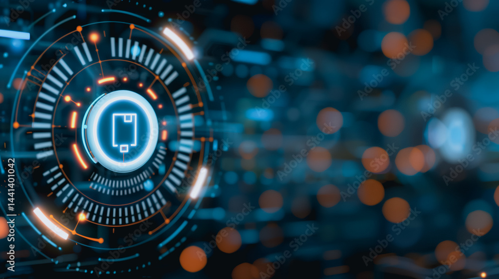 Poster Cybersecurity Network: A digital abstract depicts a robust cybersecurity network with intricate lines and glowing interfaces, symbolizing digital security and data protection.