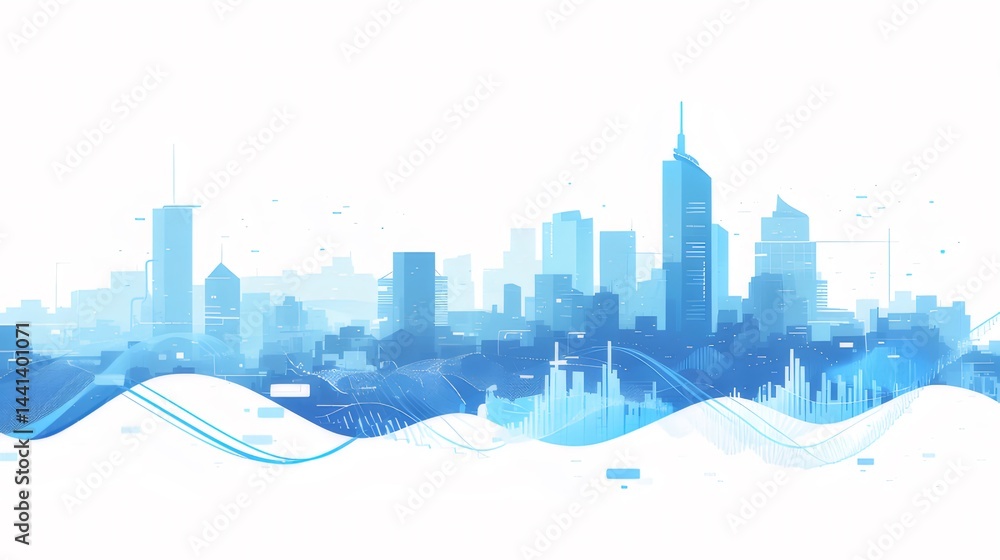 Aufkleber 青色のデジタル都市景観の抽象的なイラスト 現代的な高層ビルのシルエットと波状の線 白い背景 デザインコンセプト