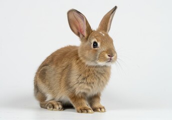 Obraz premium A light brown rabbit with long ears sitting upright on a white background looking at the camera angle