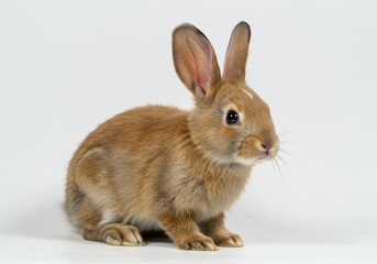 A light brown rabbit with long ears sitting against a plain white background in a studio setting