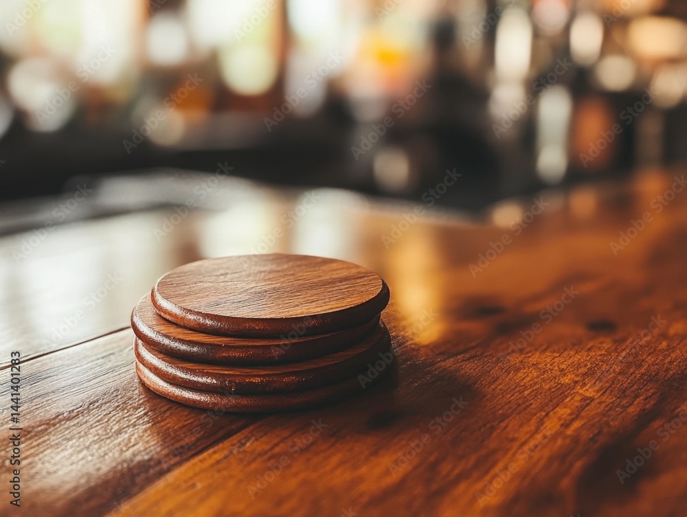 Aufkleber stack of wooden coasters on a rustic wooden table surface with a blurred background creating a warm 