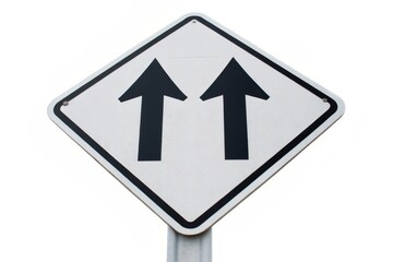 A white road sign with two black upward arrows, indicating dual lanes moving forward.