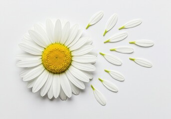 Fototapeta premium Close up of a daisy flower with some of its petals removed and scattered on a white background