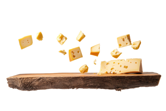 Delicious Gouda Cheese Pieces Floating Above a Rustic Wooden Board on transparent background
