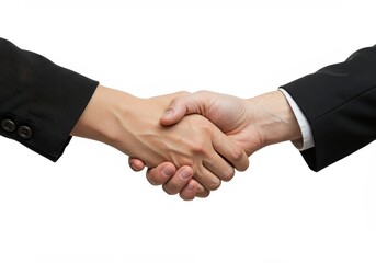 A close up of two hands shaking in front of a white background with black suit sleeves visible