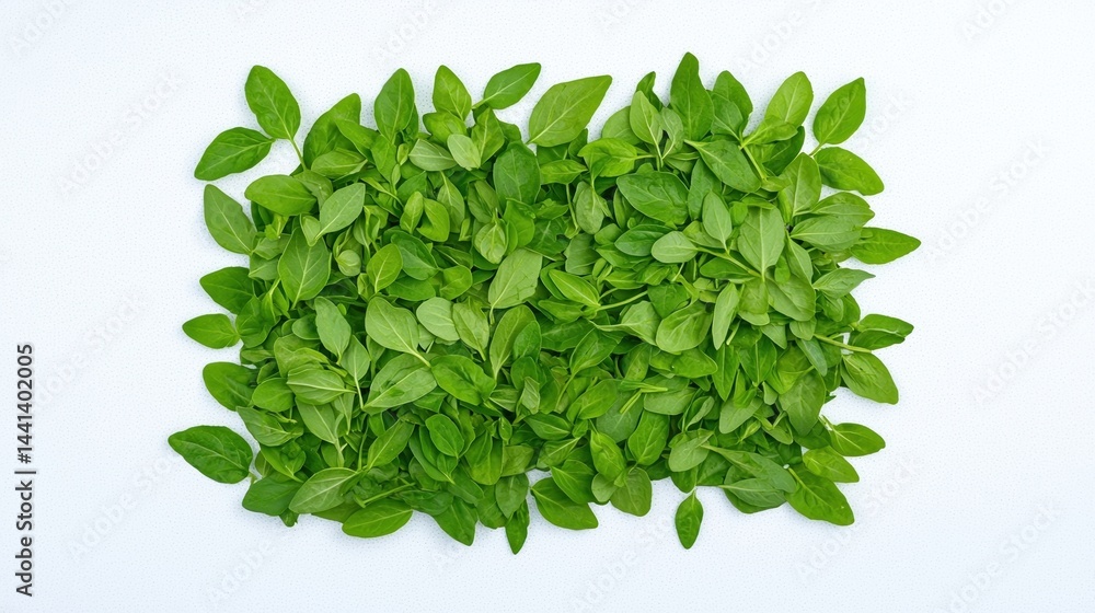 Poster fresh green leaves arranged on a white background, creating a vibrant and natural rectangular patter