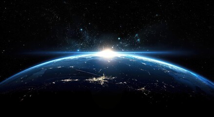 Obraz premium Sunrise seen from space illuminating the curvature of Earth with city lights glowing and stars visible in the dark sky, evoking a sense of wonder and vastness