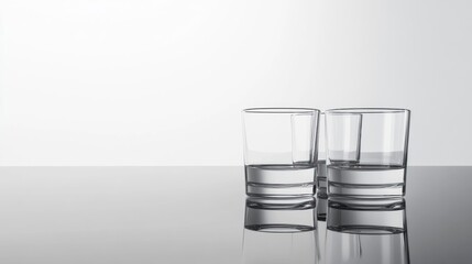 Two clear drinking glasses filled with water on a reflective surface
