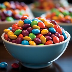 A bowl of colorful M&M's Collector's Snacks, filled with multicolored chocolate-covered candies in the shape and color scheme of a delicious brand.