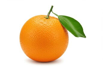 A single orange with a stem and leaf isolated on a white background in a studio setting