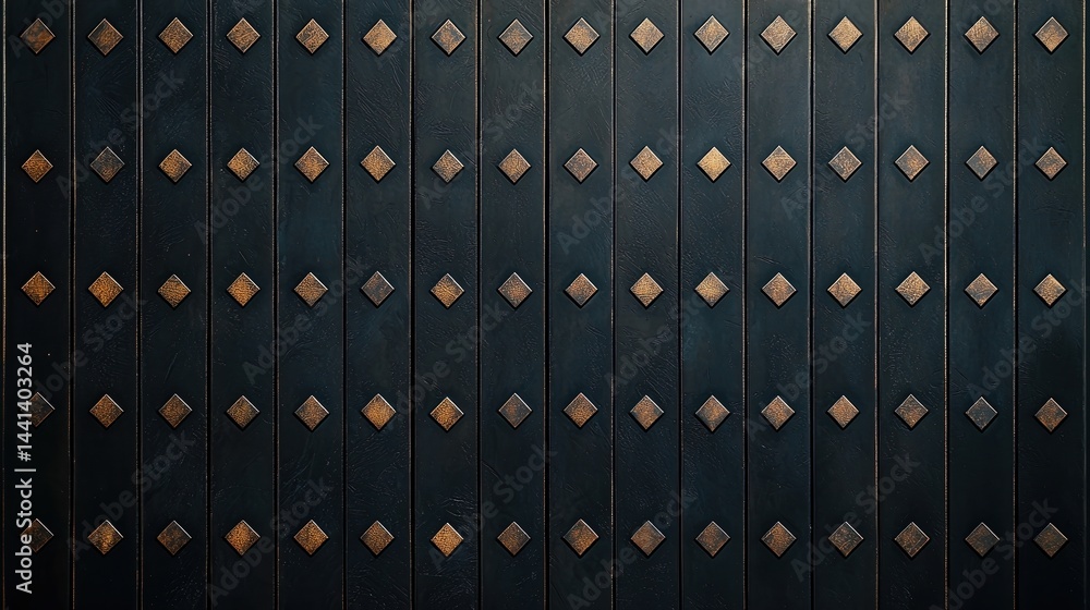 Poster a dark metal gate with vertical panels and evenly spaced golden diamond studs in a grid pattern.