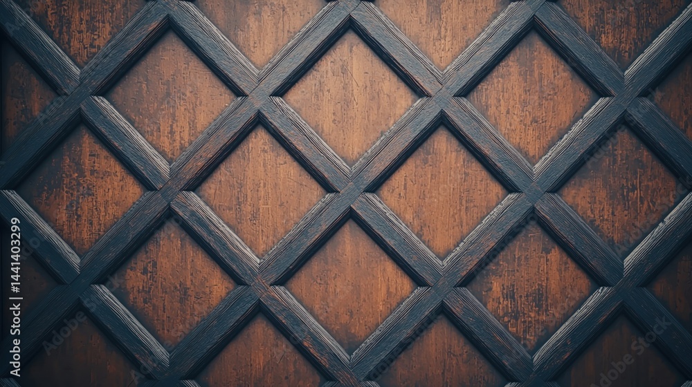 Aufkleber close-up of a wooden lattice pattern with intersecting dark beams on a brown textured surface.