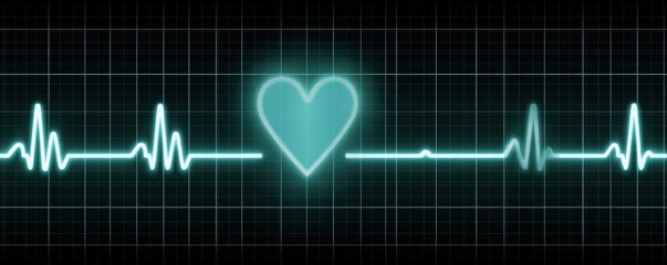 Naklejka premium A glowing heart shape is integrated into a digital electrocardiogram (ECG) line on a dark grid background.
