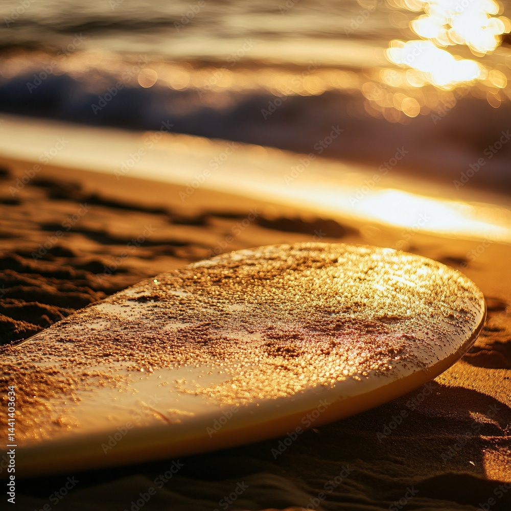 Poster close-up of a surfboard on the beach with waves crashing in the background capturing the essence of 