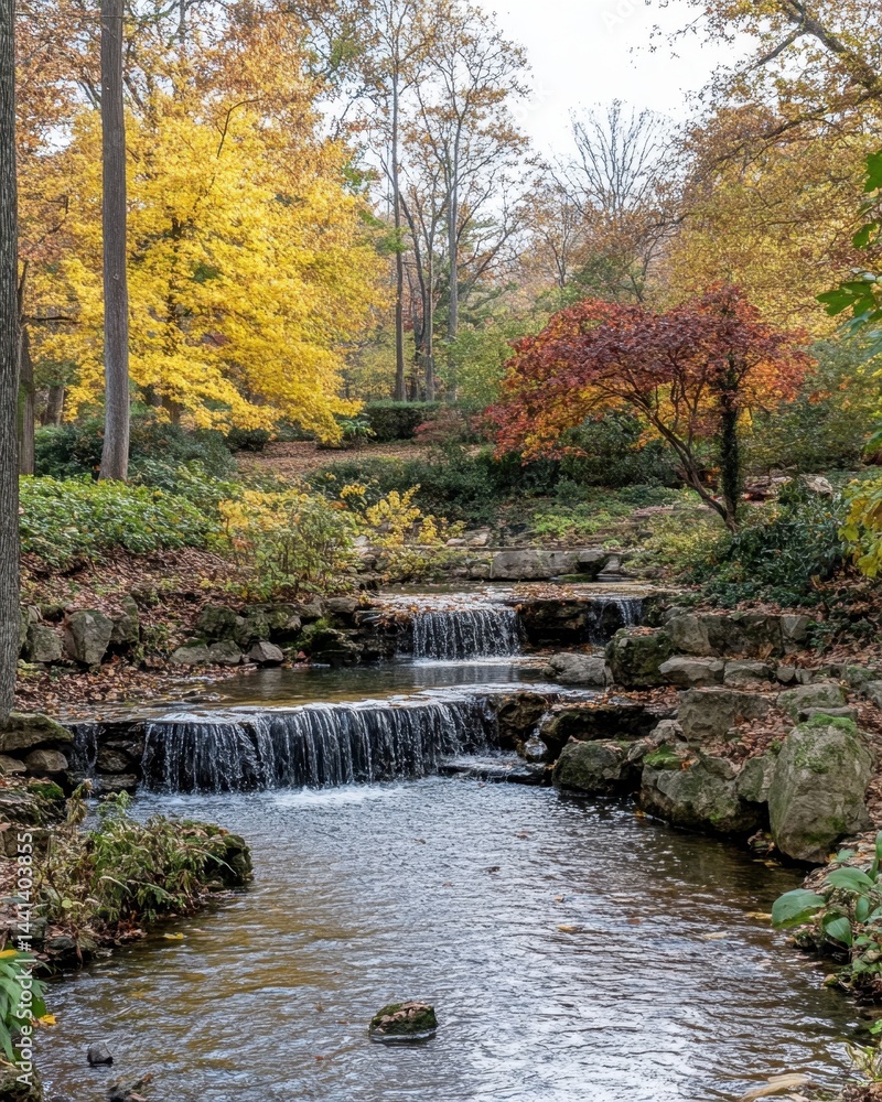Aufkleber serene autumn landscape featuring a gentle stream cascading over rocks surrounded by vibrant foliage