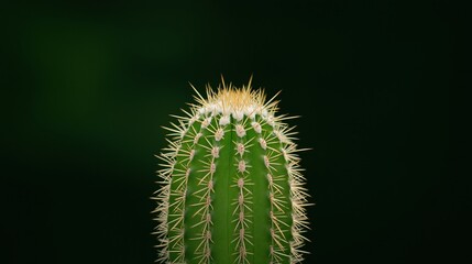 Obraz premium Close-up of a green cactus with sharp white spines against a dark green background.