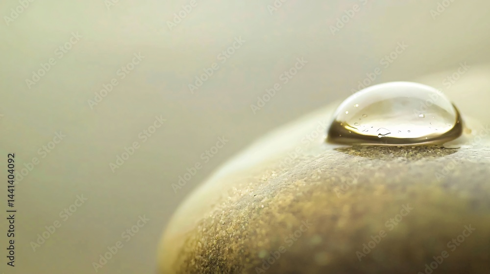 Poster close-up of a single water droplet resting on a sleek rock surface with a calm and tranquil natural 