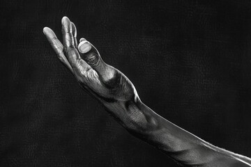 Naklejka premium close-up of a dark-skinned human hand with fingers spread slightly upward against a black background, emphasizing texture, veins, and detailed skin patterns, evoking a sense of strength and grace