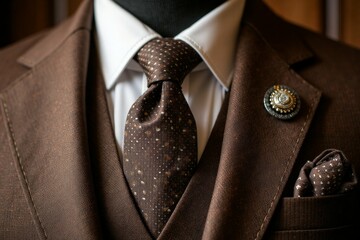 Close-up of a brown suit jacket, vest, and tie ensemble.