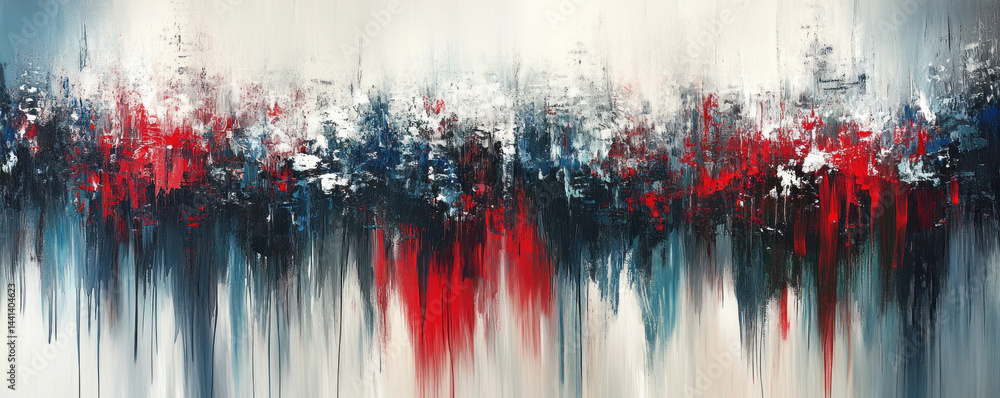 Aufkleber a painting of a cityscape with a red line running through it. the painting is abstract and has a sen