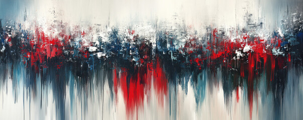 Naklejka premium A painting of a cityscape with a red line running through it. The painting is abstract and has a sense of chaos and movement. The red line seems to be the focal point of the painting