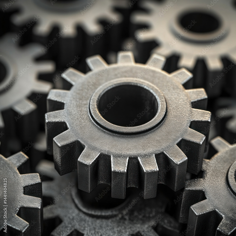 Poster a close up of a bunch of gears, one of which is missing a tooth. concept of complexity and precision