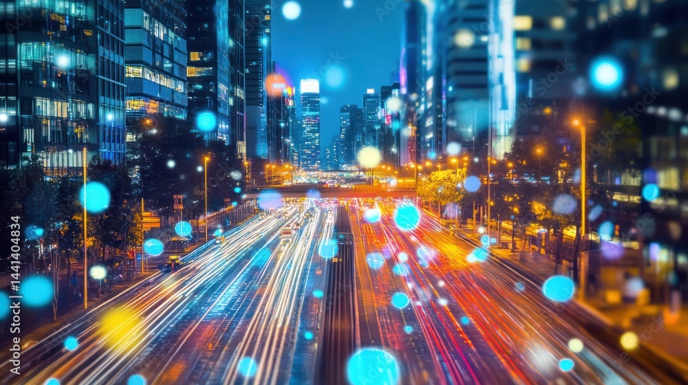 Poster metropolitan velocity: abstract cityscape with dynamic light trails and data visualization