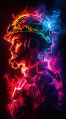 Fototapeta premium A man in a fire suit with a helmet and a microphone. The man is surrounded by fire and the colors are bright and vivid