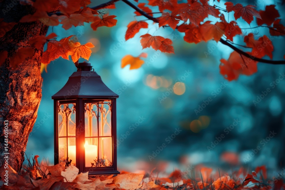 Poster enchanting autumn lantern scene amidst vibrant foliage casting a warm glow on fallen leaves creating
