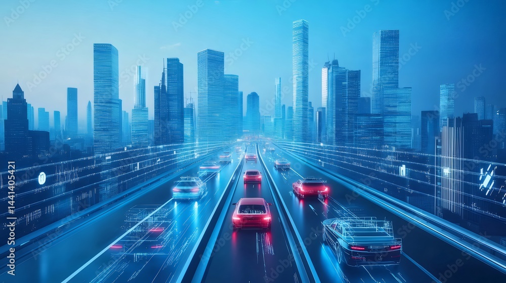 Poster 夜の都市高速道路を行き交う様々な車のデジタル未来的な光景 青色の照明と高層ビル群
