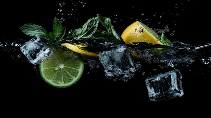 Fresh citrus and mint in water with ice
