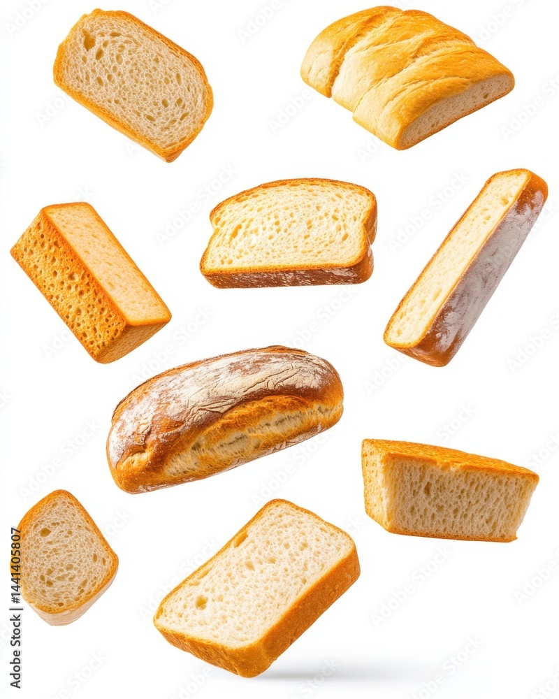 Poster various bread slices on a white background showcasing different types of bread with golden crusts an