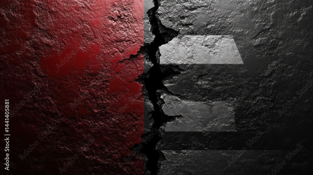 Poster a black and red image of a broken wall with the letters k and e on it. the image has a mood of destr