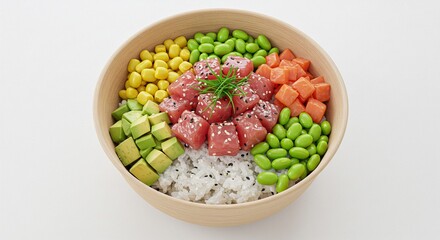 A vibrant poke bowl featuring fresh tuna, avocado, corn, edamame, and carrots arranged artfully in a wooden bowl, set against a clean background.