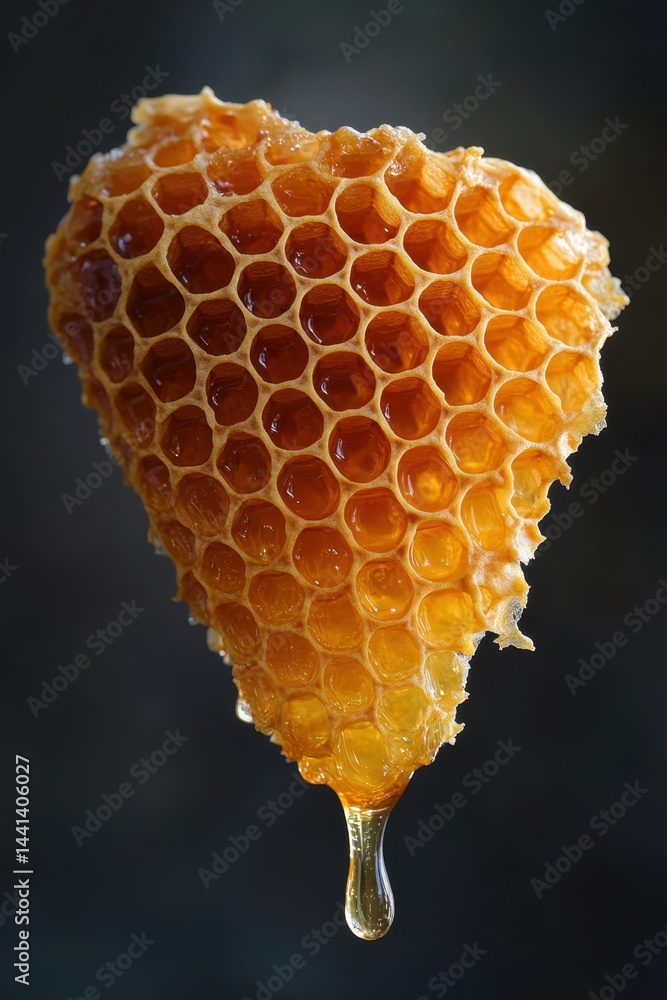 Poster golden honeycomb dripping with luscious honey against a dark background close up shot capturing the 