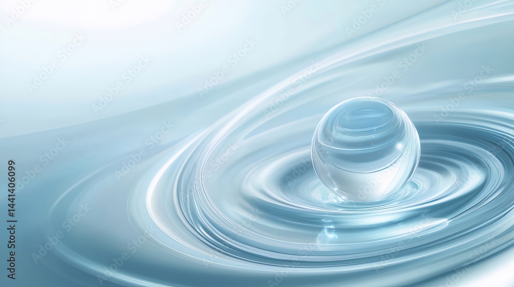Aufkleber 透明な球体が水面に浮かぶ青色の抽象的な背景 液体と光の相互作用を表現したデザイン