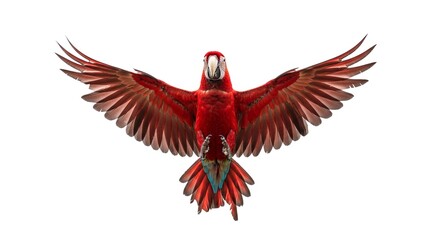 Obraz premium Majestic Scarlet Macaw soars with crimson wings, a burst of tropical brilliance against a pristine white canvas, a spectacle of avian grace.
