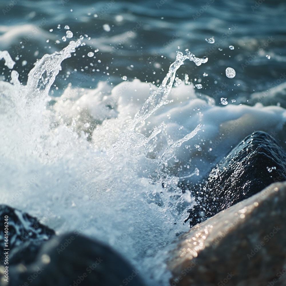 Poster close-up of a wave powerfully crashing on rocks displaying the intensity of ocean water and the dyna