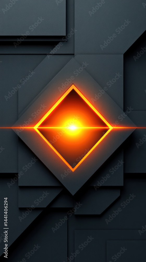 Poster a black and orange square with a yellow light shining on it. the light is in the center of the squar