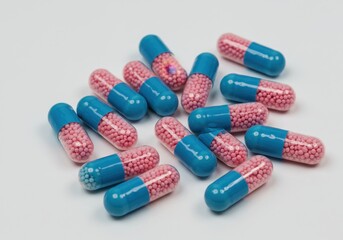 A collection of blue and pink capsules scattered on a white surface in a close up studio shot