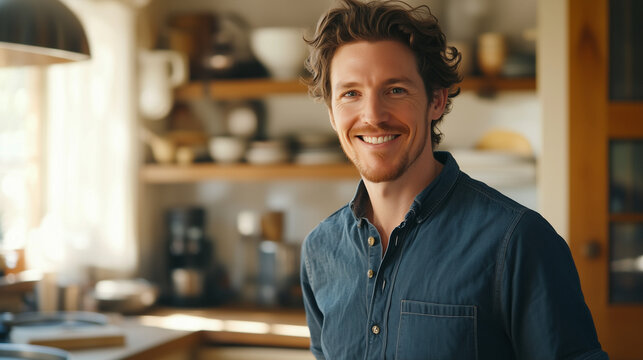 Happy man smiling at home, warm and relaxed vibe