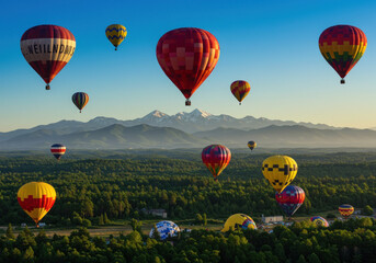 Obraz premium Hot air balloons soaring over mountainous landscape, colorful specs against blue sky, creating a serene and majestic sight.