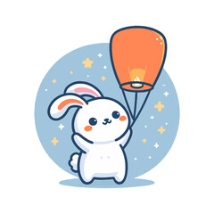 Cartoon White Rabbit Holding Orange Sky Lantern with Starry Background Illustration