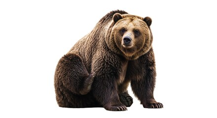A majestic brown bear sits upright, its thick fur glistening. This stunning portrait captures the bear's strength and beauty in detail.