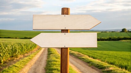 Two blank wooden signposts point in opposite directions at a rural crossroads with fields and a dirt road under a cloudy sky.