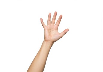 Obraz premium A raised arm with an open hand showing five fingers against a plain white studio background image shot